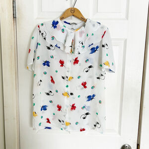 Flowy Vintage Tan-Jay Sheer Blouse w/Shoulder pads Size 16 White Multi-color